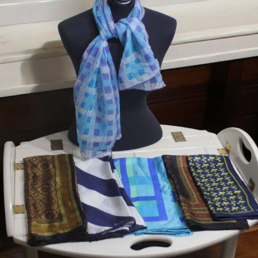 Collection of 6 vintage echo scarfs, silk and silk blend, various sizes